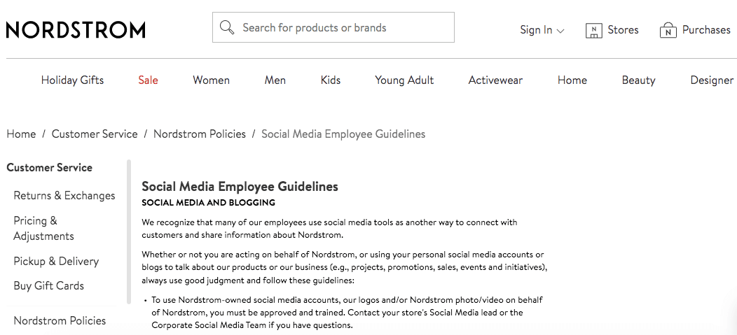 Nordstrom employee guidelines social media and blogging