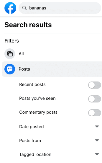 Facebook posts search results