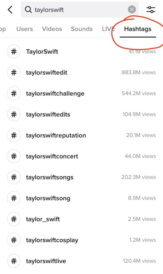 The hashtags tab on TikTok's search