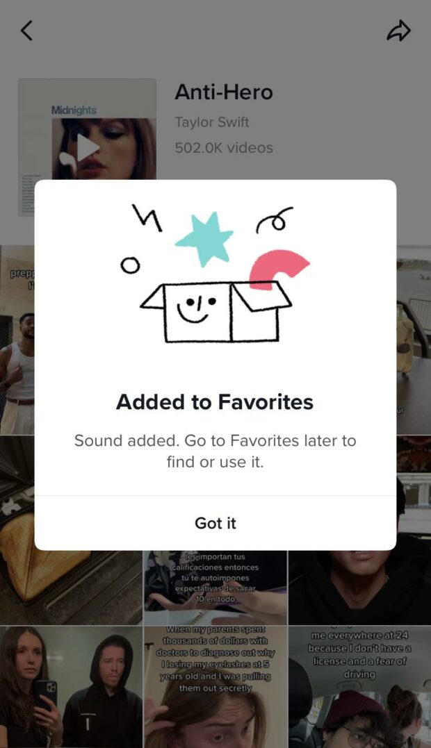 The popup that appears when you've successfully added a TikTok sound to your favorites