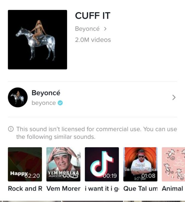 The TikTok landing page for the Beyonce song CUFF IT, showing the song is not licensed for commercial use