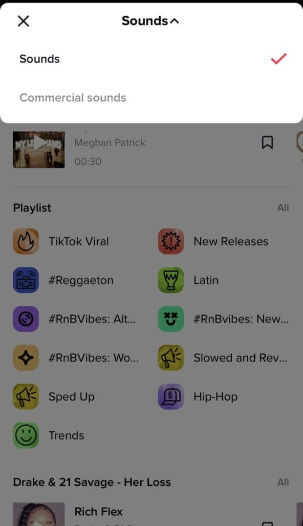TikTok's sound search showing the commercial sound library