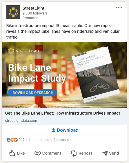 Street Light bike lane impact study LinkedIn sponsored post