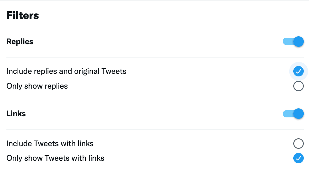 use filters to include replies and original tweets