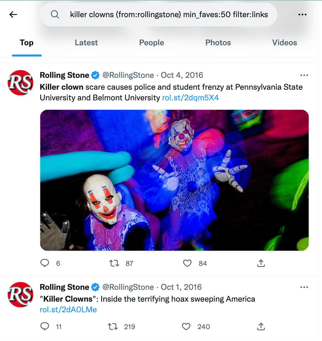 view killer clowns results on Twitter by popularity (Top), chronology (Latest), person (People) or media (Photos or Videos)