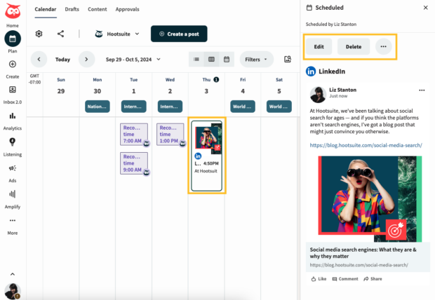 Hootsuite Planner - calendar view. select and edit scheduled posts