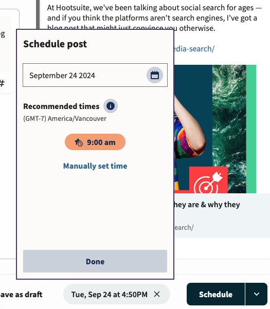 Picking the time to schedule a post in Hootsuite