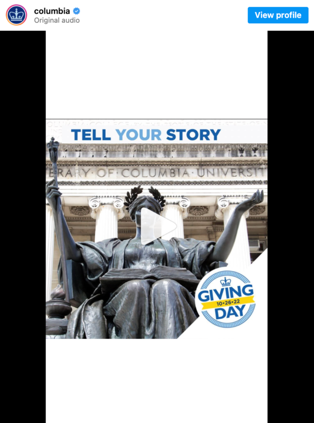 Columbia University's Giving Day campaign video on Instagram