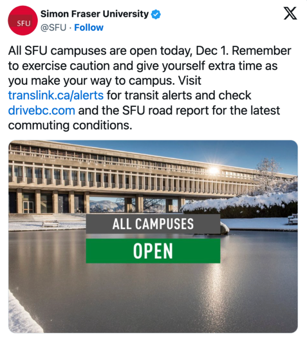 Simon Fraser University tweeting updated during a snow storm