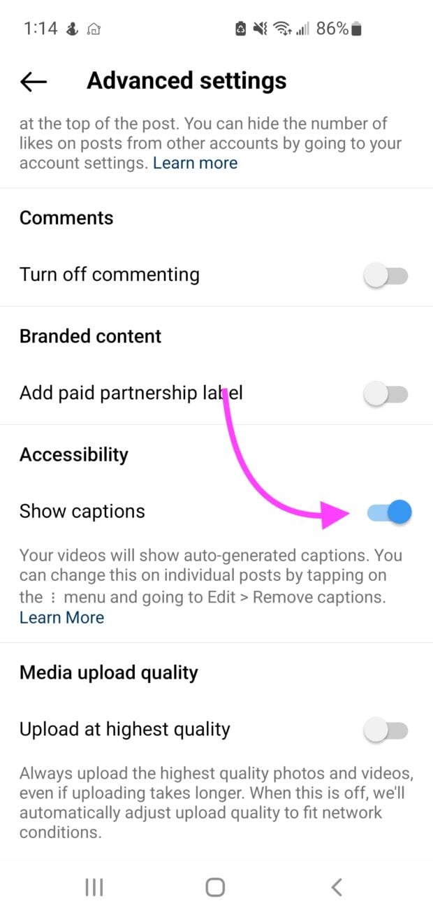 show captions option under accessibility