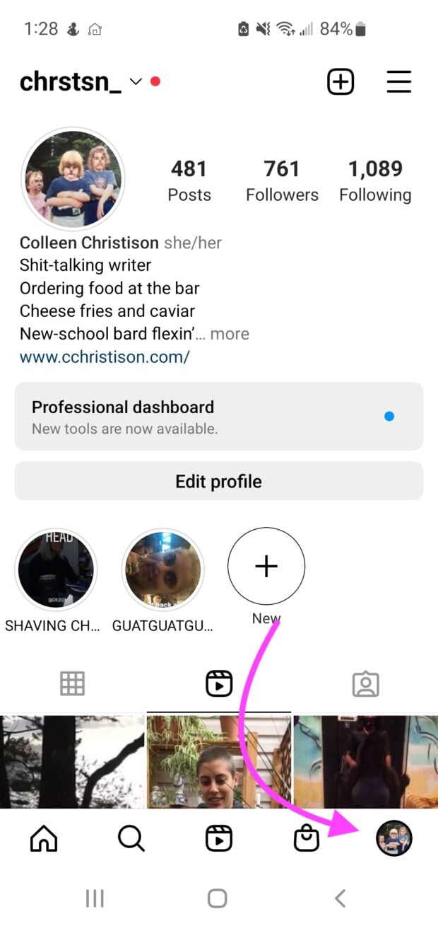 Profil Instagram en bas à droite