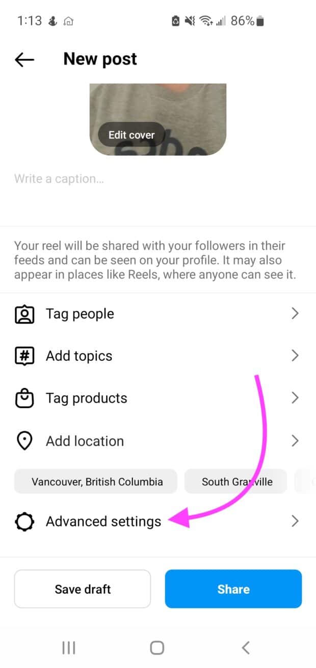 Opción de configuración avanzada en Instagram