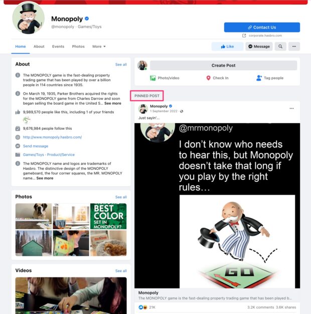 Monopoly Facebook page pinned posts