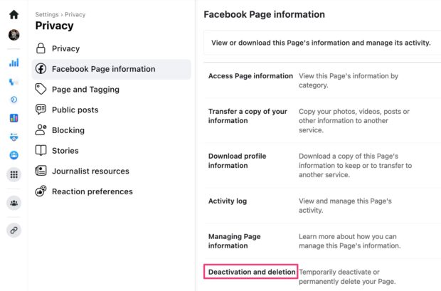 Facebook page information deactivation and deletion