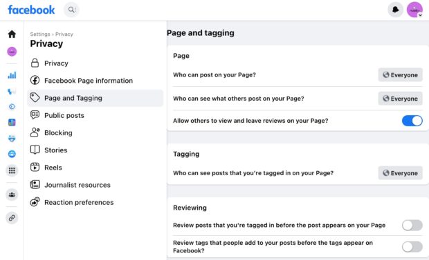 privacy settings page and tagging