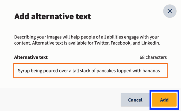 add alternative text on Hootsuite syrup being poured over a tall stack of pancakes topped with bananas