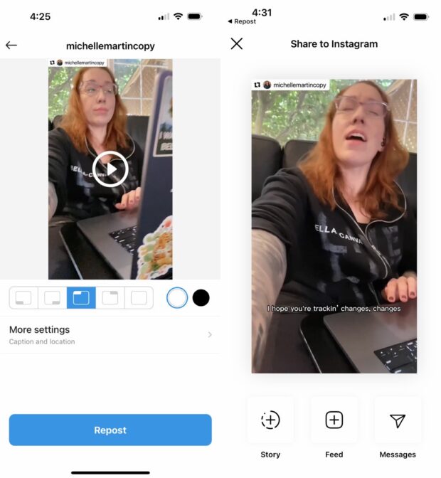 Tap Repost and Feed to share as an Instagram grid post