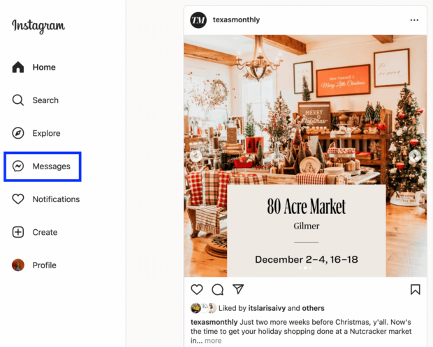 icône Messenger dans le panneau de gauche sur Instagram 