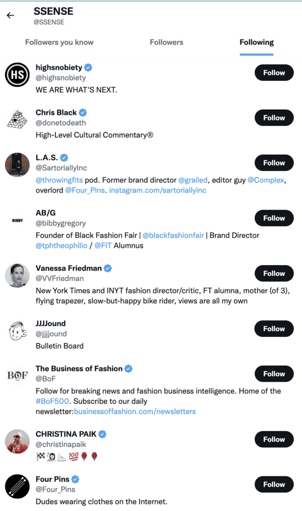 Ssense Twitter following fashion brands