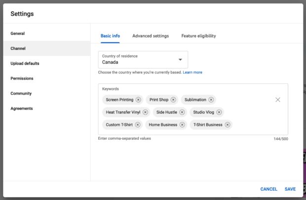 set keywords on YouTube Channel settings