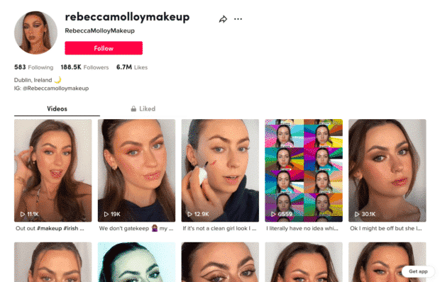 TikTok profile of makeup artist Rebecca Malloy from Dublin