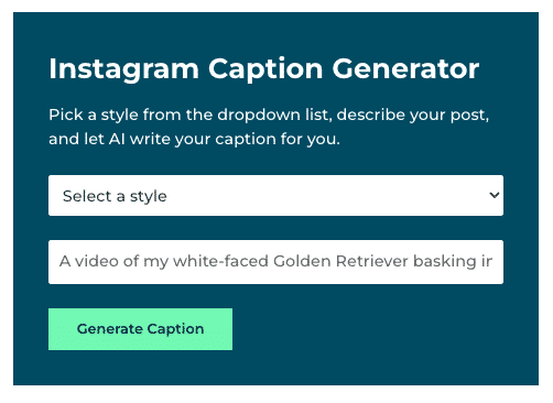 Choose a style, describe your post and let AI write your caption for you