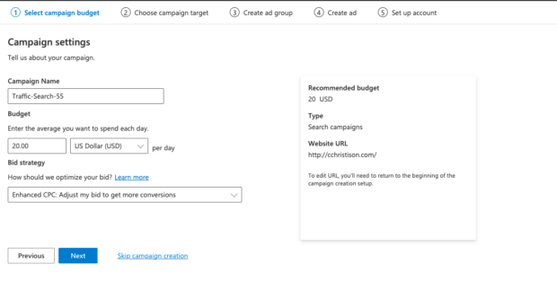 campaign settings with name budget and bid strategy