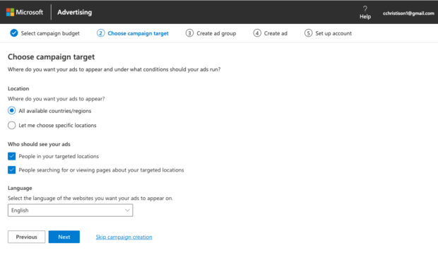 choose campaign target with location audience and language