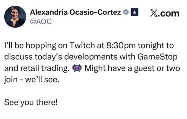 Tweet from AOC promoting an upcoming Twitch livestream