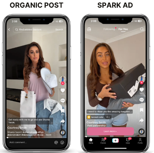 comparison between an organic TikTok post versus a Spark ad