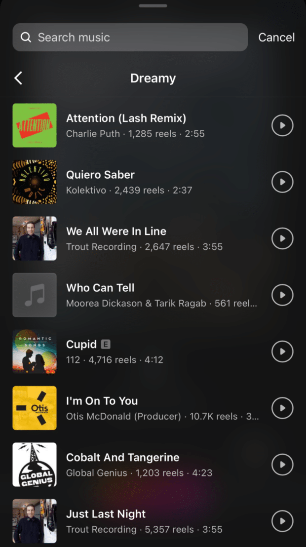 Select music for your Instagram post by mood.  This screen shows examples of music grouped under 