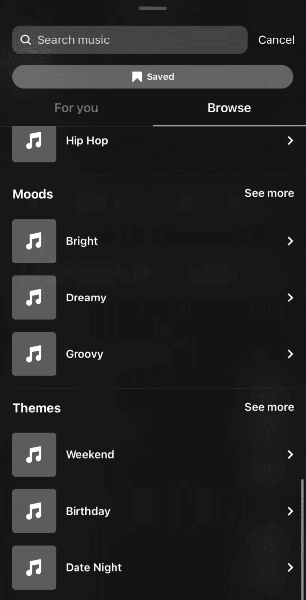 Search Instagram music by moods and themes in browse