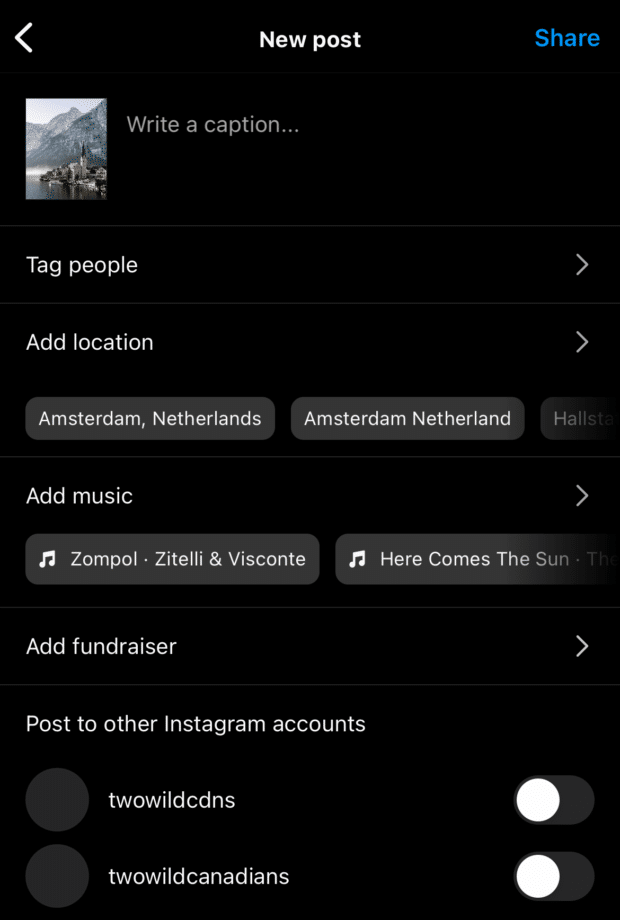 After adding a photo to Instagram, the next screen allows you to write a caption and add a location.  This is the screen you use to add music to your Instagram post.