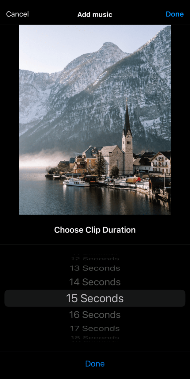 Choose the clip duration of the music you want to add to your Instagram post