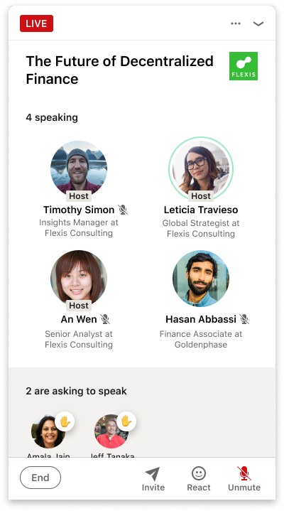 LinkedIn's Audio Events include links to hosts' LinkedIn profiles and the ability for participants to raise their to join the conversation