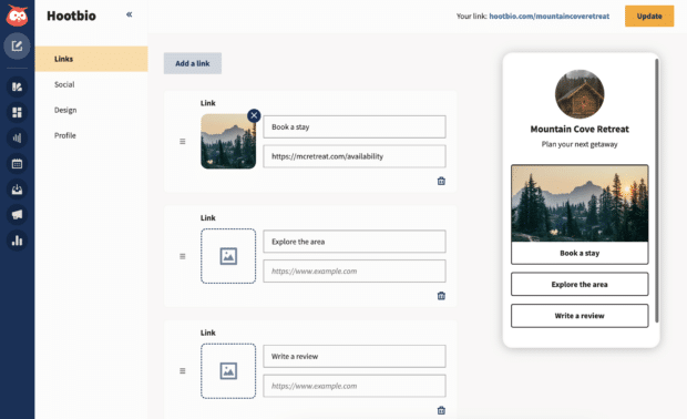 Creating a link in bio page in Hootsuite - Adding links