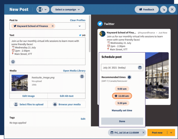 In the Hootsuite's Composer tool (part of our complete social media scheduling tool solution), you can create a post, select which network you want to publish to, add alt text, and find the best time to post based on your unique audience