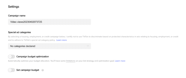 settings campaign name and special ad categories