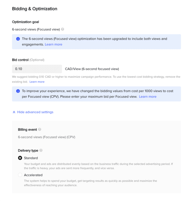 bidding and optimization with optimization goal and bid control