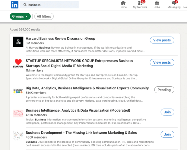 business search results LinkedIn groups