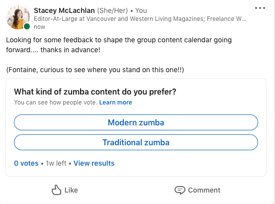 LinkedIn poll on Zumba content