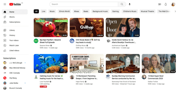 example of YouTube homepage with video recommendations