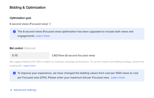 bidding and optimization with optimization goal and bid control