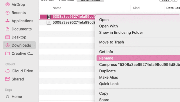 Rename option in Finder