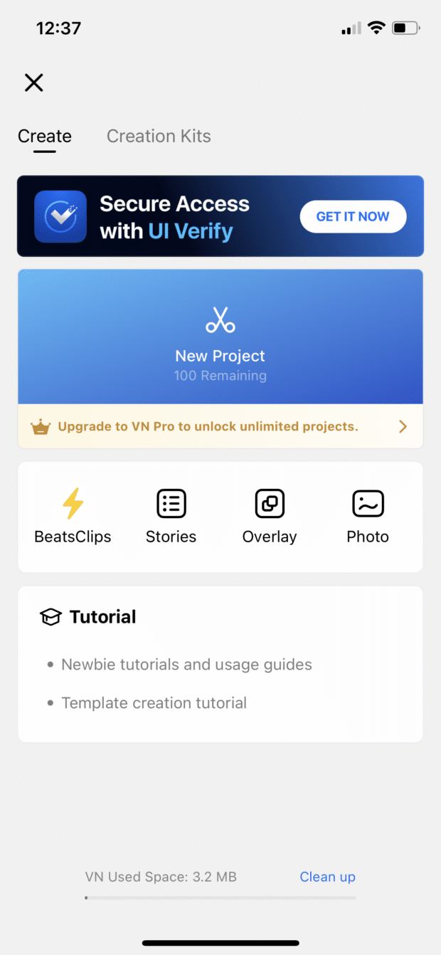 VN Video Editor app new project