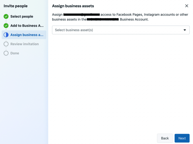 This Facebook Business Manager menu allows you to select the business assets you want to allow access to.