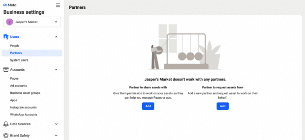 The Partners menu in Business Manager shows two options: add a partner to share assets with or add a partner to request assets from.