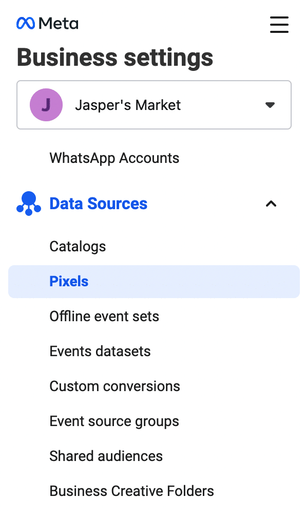 In your Business Manager dashboard, you can select Pixels under the Data Sources menu.