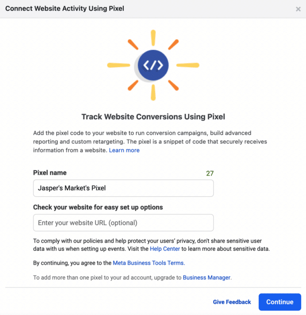 Creating a pixel in business manager. You will need to enter the pixel name and your website URL