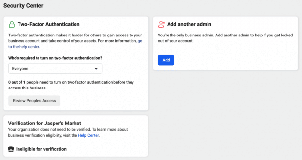 Meta Business Manager allows you to select mandatory security settings. On this screen, you can choose to require two-factor authentication from your page admins.